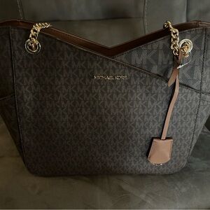 Michael Kors Black and Brown Shoulder Bag with Gold Hardware